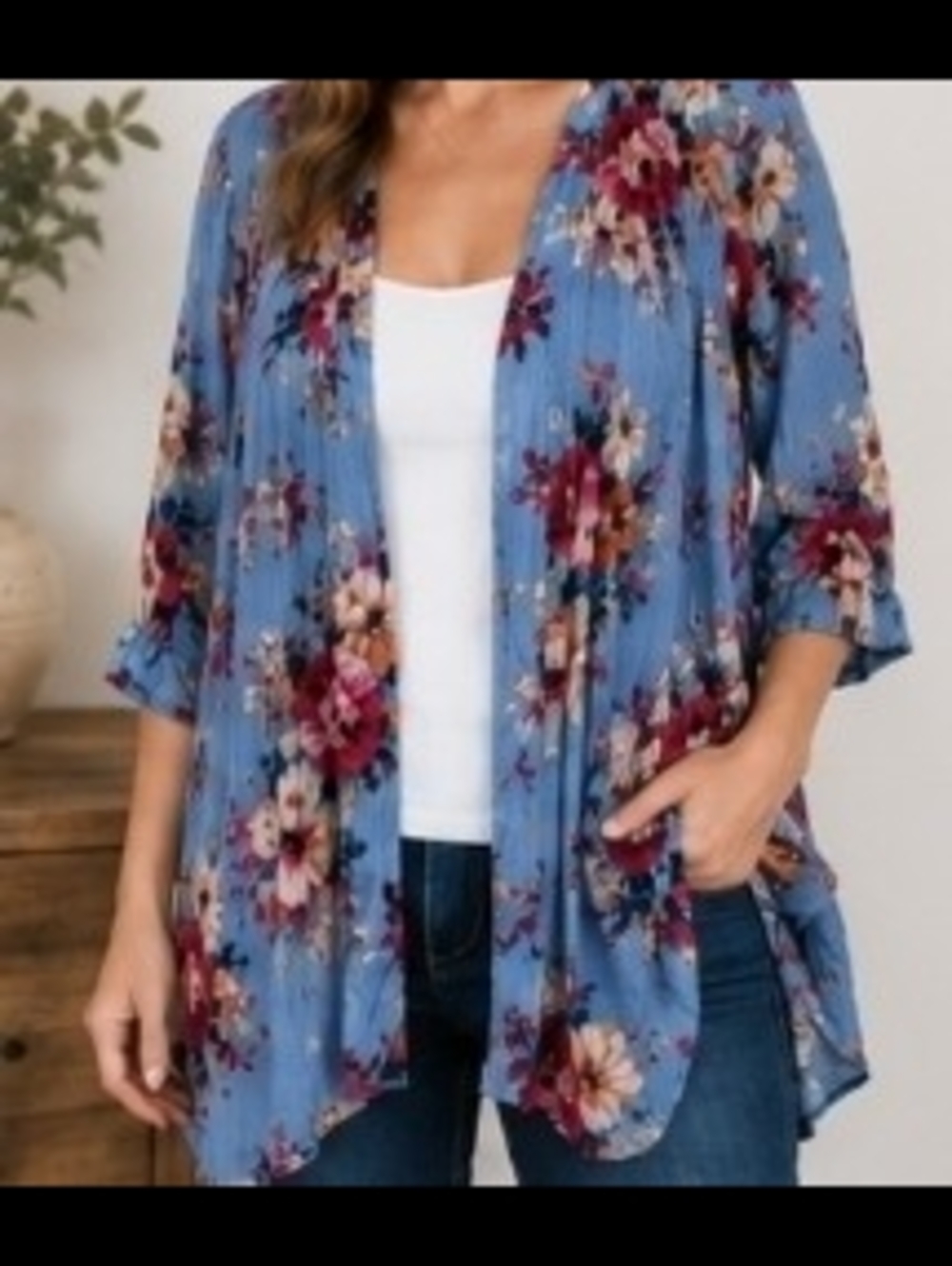 Staccato Sky Blue Floral Tunic with Pink & Cream Blooms